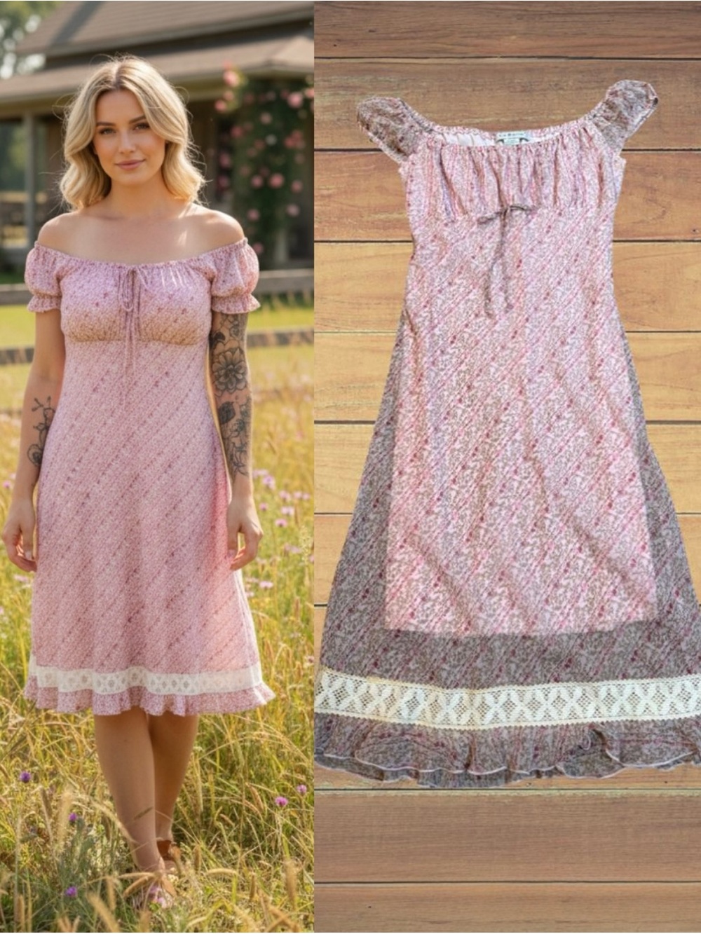 La Belle Pink Floral Off‑Shoulder Midi Dress Lace Panel Ruffle Hem Size 3 Small